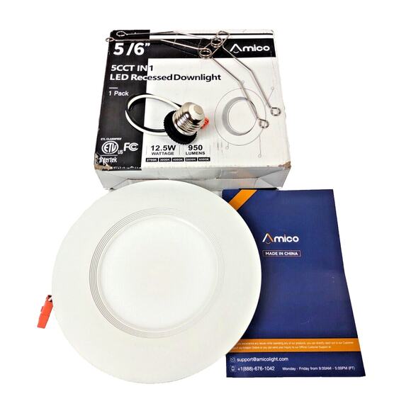 Amico 1 Pack 5/6 Inch LED Recessed Downlight White Smooth Trim 950 Lums Dimmable - Picture 2 of 6